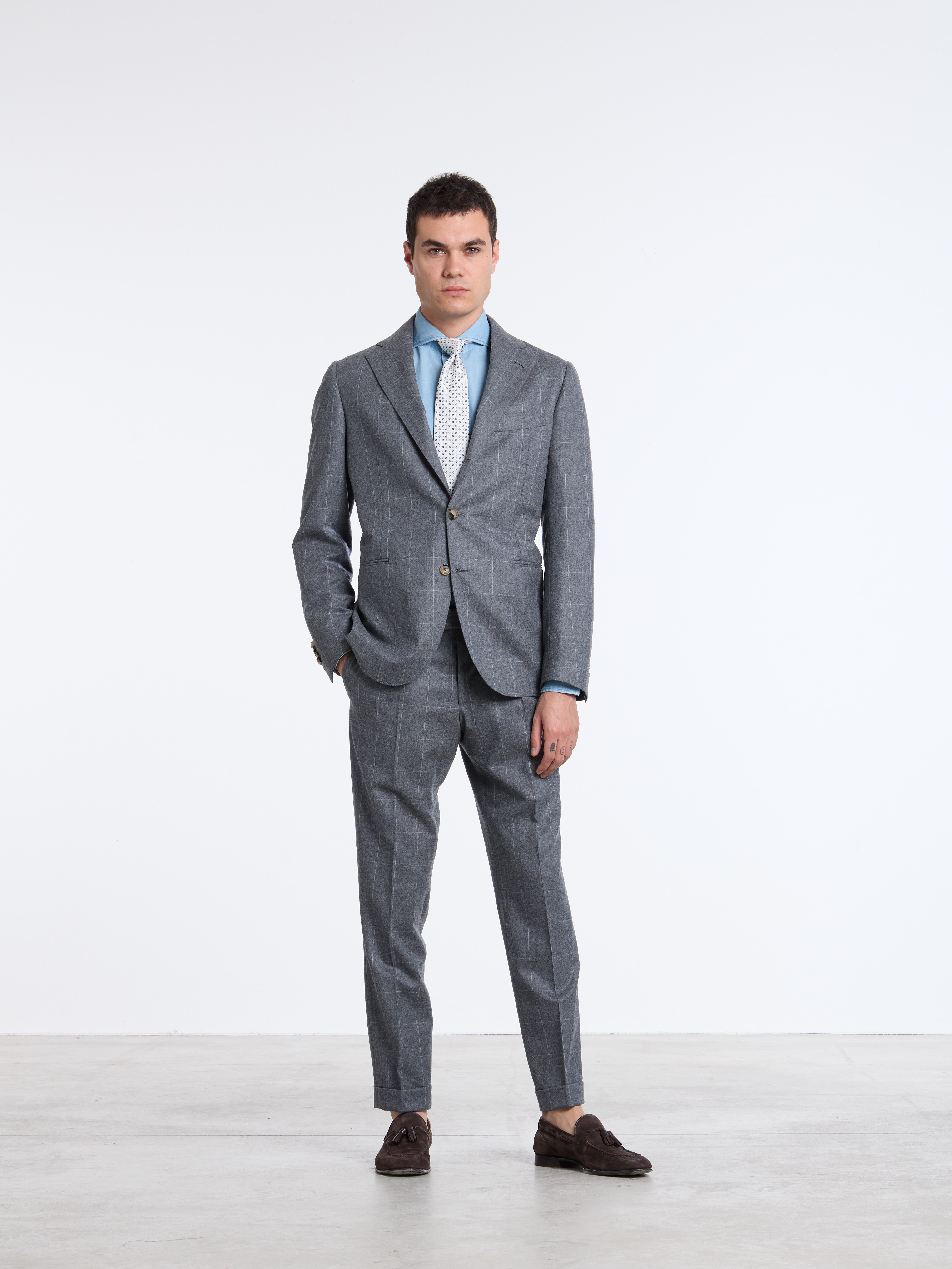 LUIGI BORRELLI ダークグリーン バージンウールスーツ 50 SINGLE-BREASTED WOOL CHECKED SUIT - GREY - LUIGI BORRELLI - NAPOLI